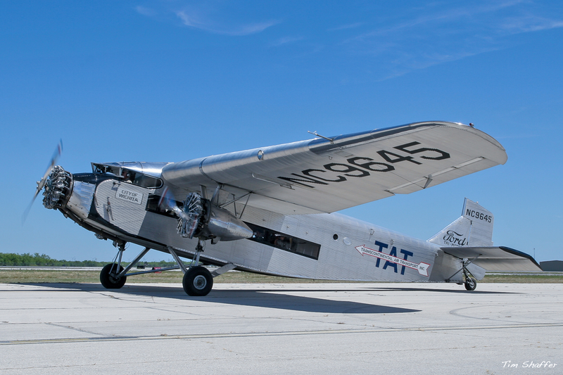Ford Trimotor “City of Wichita” (C/N:8, N9645) was built in 1928 and wears the livery of Transcontinental Air Transport. Currently owned by the Liberty Aviation Museum, it is a regular performer on the air show circuit and still takes passengers into the air. (Tim Shaffer)